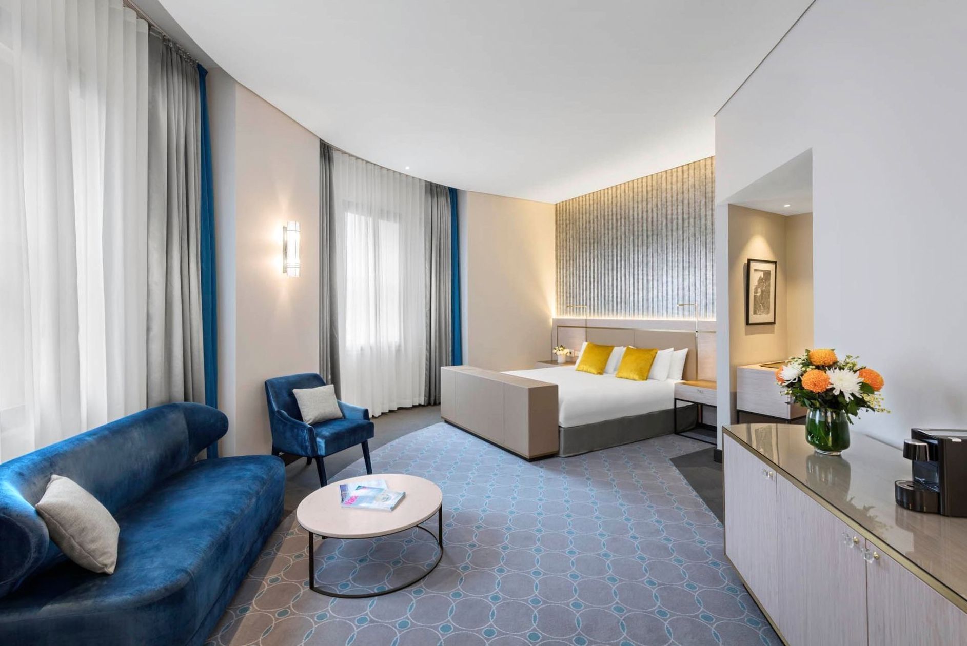 Luxurious hotel suite interior with Scandinavian design elements